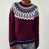 Women Geometric Pattern Knit Sweater Long Sleeve Casual Crewneck Pullover