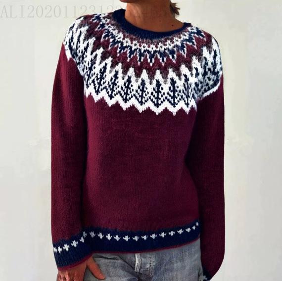 Women Geometric Pattern Knit Sweater Long Sleeve Casual Crewneck Pullover