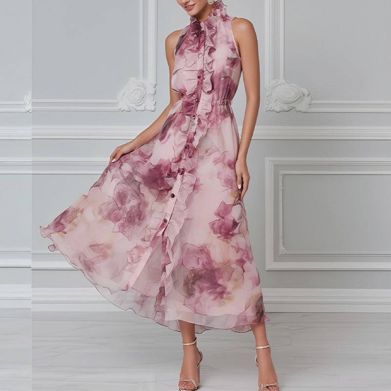 Spring New, Fashionable and Elegant Printed Wooden Ear Edge Sleeveless Dress