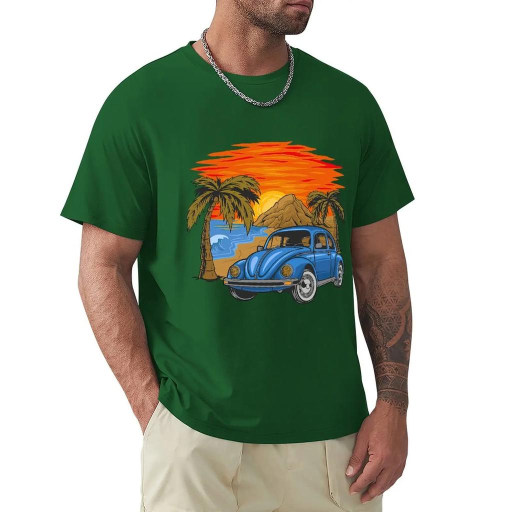 Holiday Vintage Car With Sunset In The Beach T Shirt Harajuku Short Sleeve T-shirt 100% Cotton Graphics Tshirt Tops