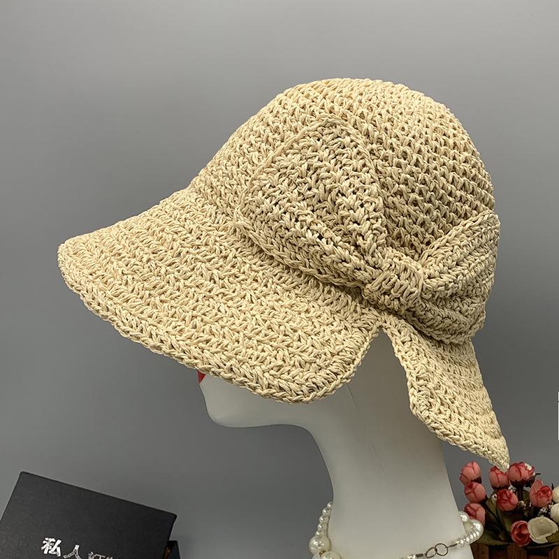 Big Brim Bow Bucket Hat Foldable Visor Beach Hat Small Edge Split Straw Hat Summer Sun Protection