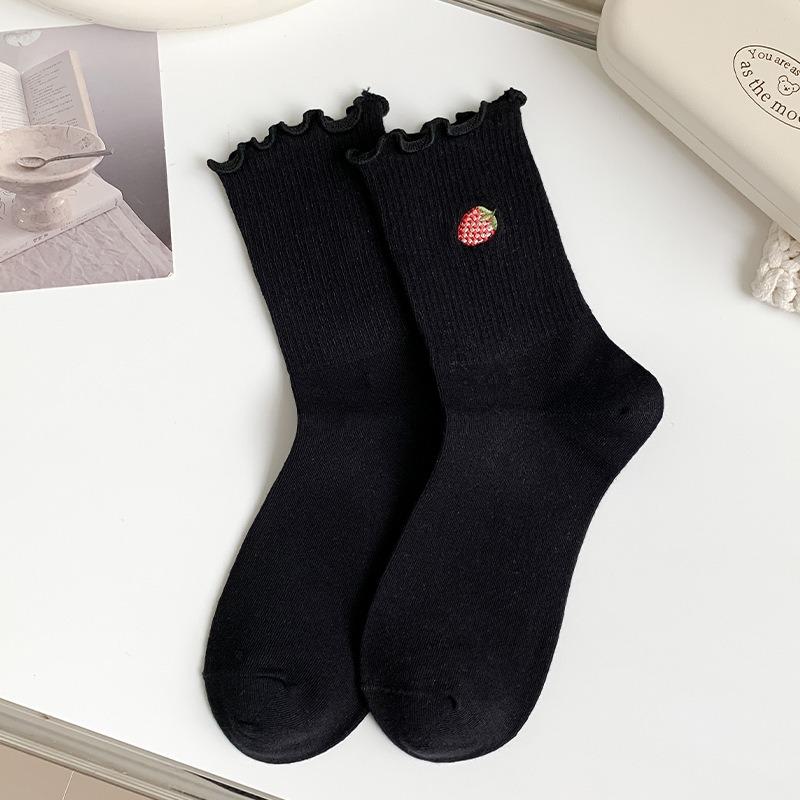Female Spring and Autumn Solid Color Lace Strawberry Embroidery Boneless Tube Cotton Socks