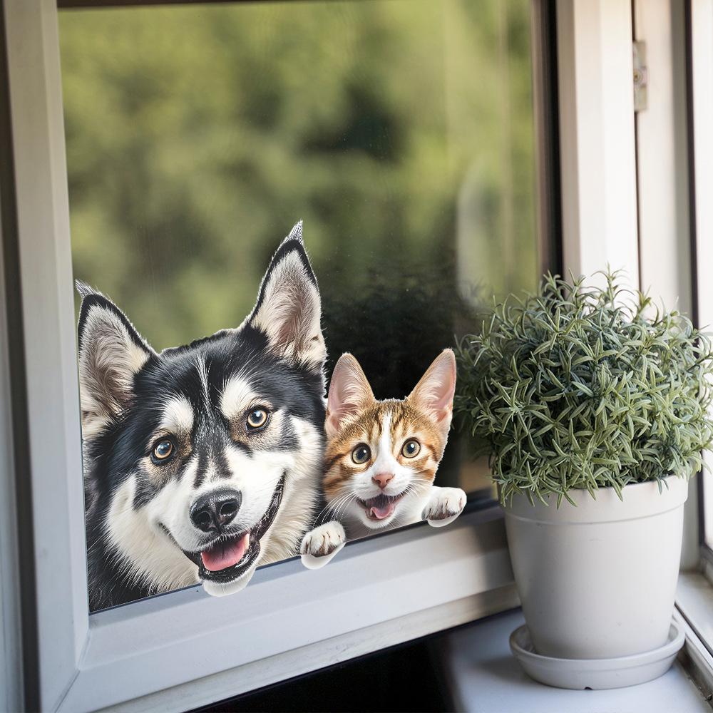 Samolepka s umělým zvířetem husky kotě vykukující sklo