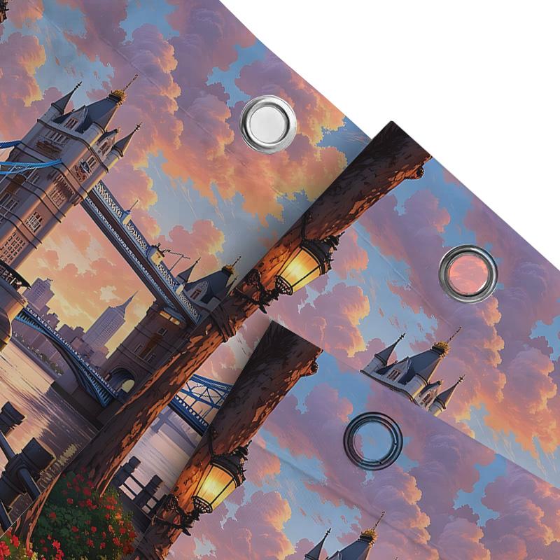 London Bridge Scenic Shower Curtain For Bathroom Decor - Vibrant Sunset View On Thames River - Waterproof And Durable Fabric