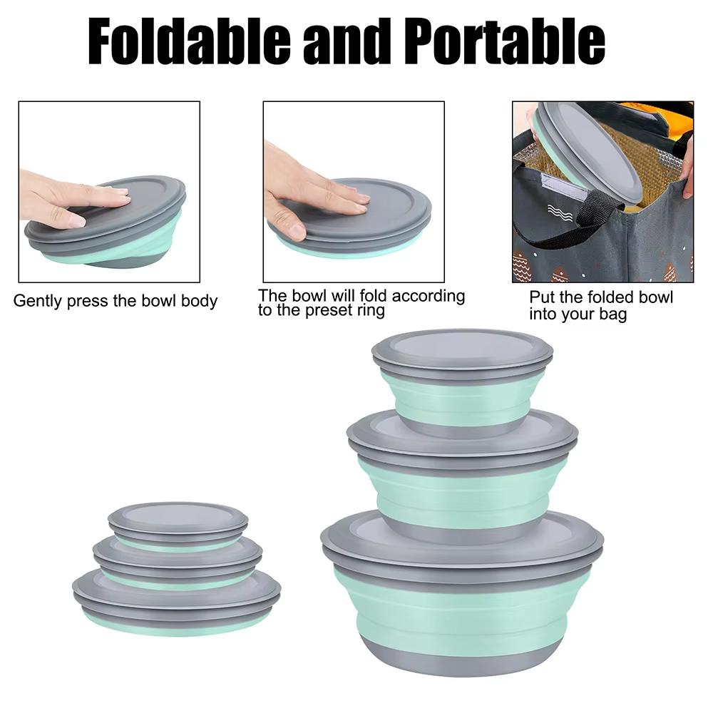 Portable Folding Lunch Box Bowl Sets Silicone 3Pcs/Set Food Container Outdoor Camping Tableware Set Foldable Salad Bowl with Lid