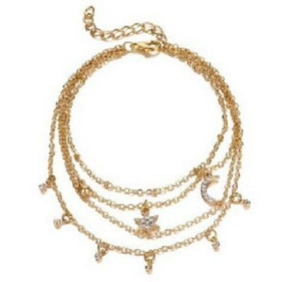 Trendy Multi-Layer Star & Moon Anklet with Love Cross Charm - Fashionable All-Match Jewelry for Women