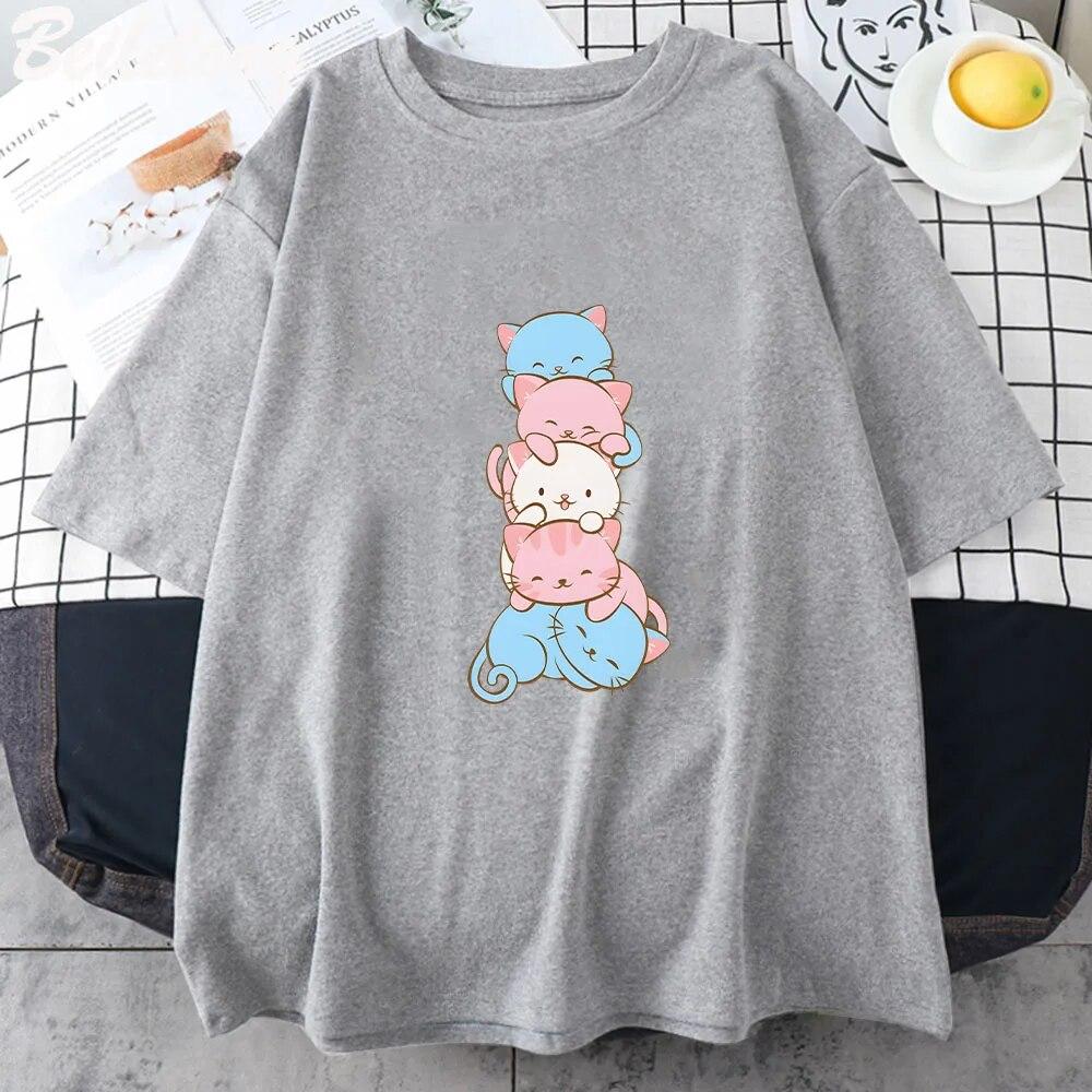 Transgender Pride Flag Cute Kawaii Cats Subtle LGBTQ Trans Pride T Shirts Summer Women's Short-sleeved T-shirts Harajuku Y2k Tee Unisex T-shirt