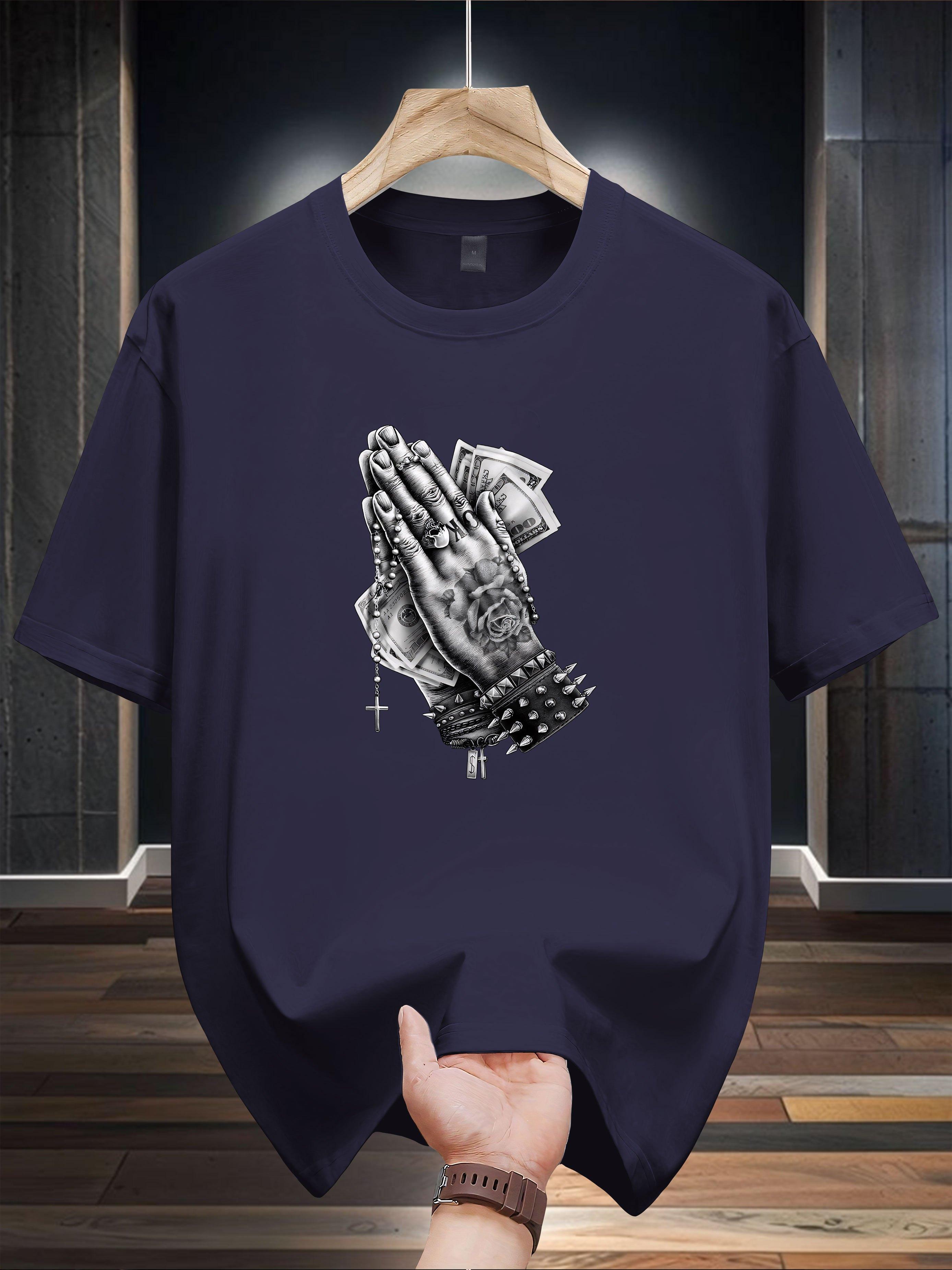 Heavyweight Cotton T-shirt - Black Graphic Tee with Prayer Hands Design S