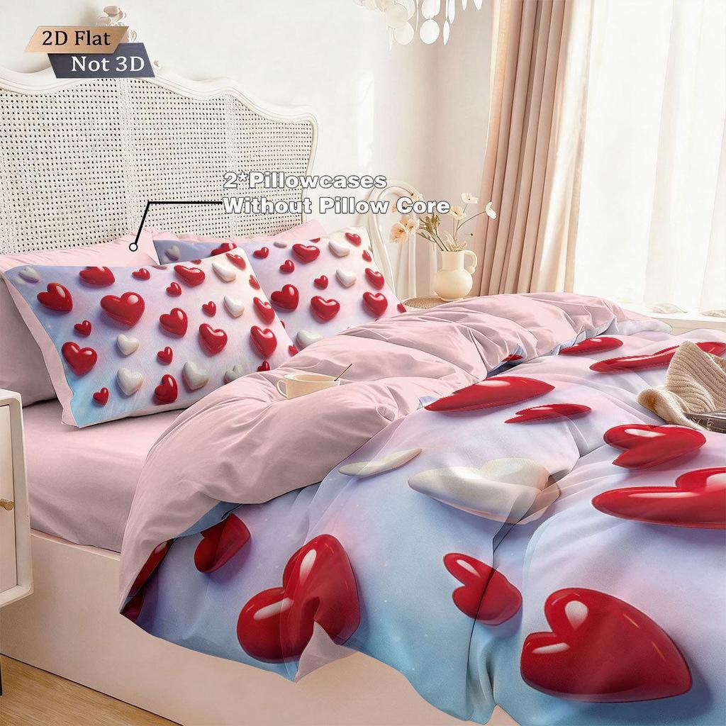 Temu Brushed Red Heart Bedding Set - Duvet Cover & Pillowcase