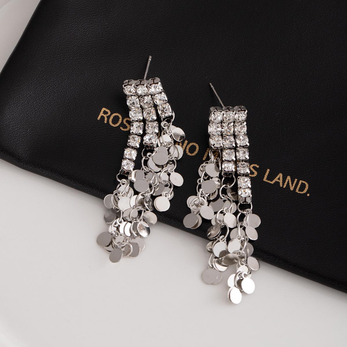 

Long Tassel With Diamonds, Gold Sequined Stud Earrings, Gold High-End Exaggerated Earrings, Niche Unique Earrings For Women