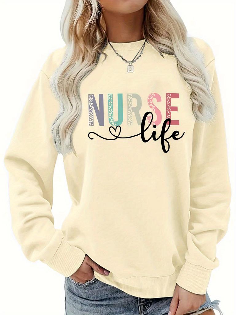 Kadın Rahat HEMŞİRE Baskılı Kapişonsuz Sweatshirt Geometrik Tasarım Uzun Kollu Yuvarlak Yaka Makinede Yıkanabilir Normal Kesim Sonbahar İçin