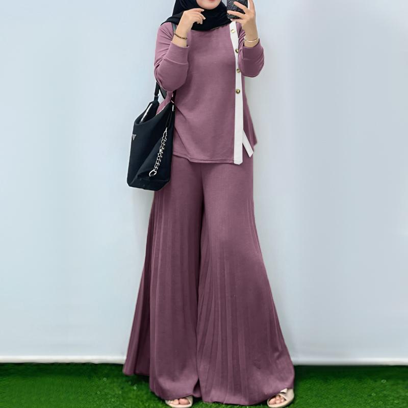 ZANZEA Blusa de Manga Larga para Mujer y Pantalones de Pierna Ancha Conjuntos Casuales de Dos Piezas