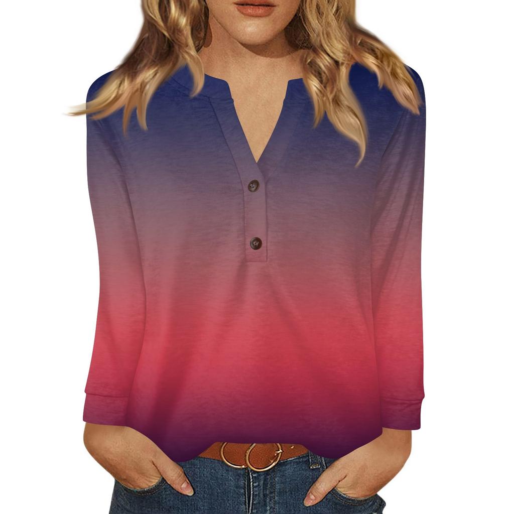 Damen T-Shirt Print Knopf Langarm Täglich Wochenende Mode Basic V-Ausschnitt Regulär Oberteil