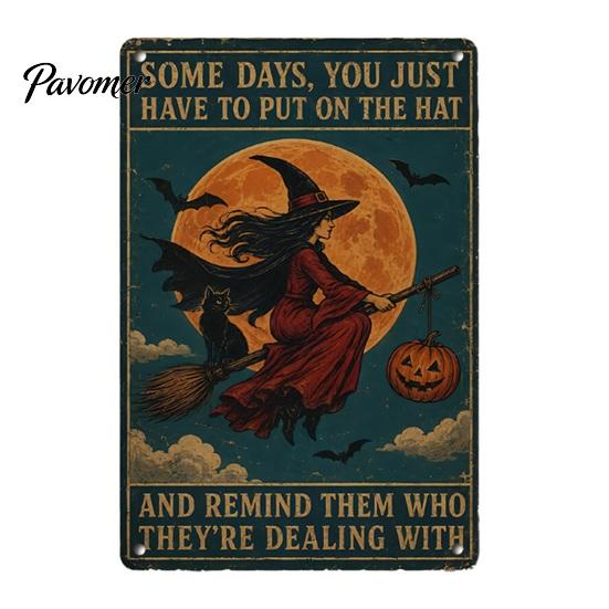 Retro Halloween Decor Wall Sign, Pumpkin Ghost Bathroom Metal Party Ornaments Art Witch Cat Festival Sign for Bar Home Room Vintage Signs