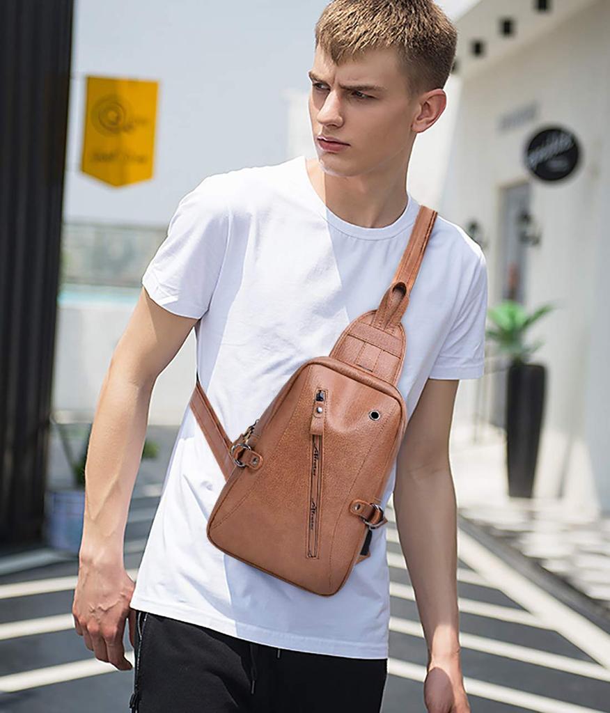 FANDARE Waterproof Shoulder Bag with Earphone Hole and USB Casual and Popular for and PU Brown Men's Port, Commuting, School, Travel, Leather,