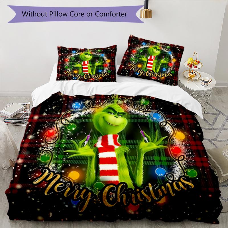 Christmas Grinch Design Bed Bedding Set 1 Duvet Cover + 2 Pillowcases Soft Breathable Household Bed Linens