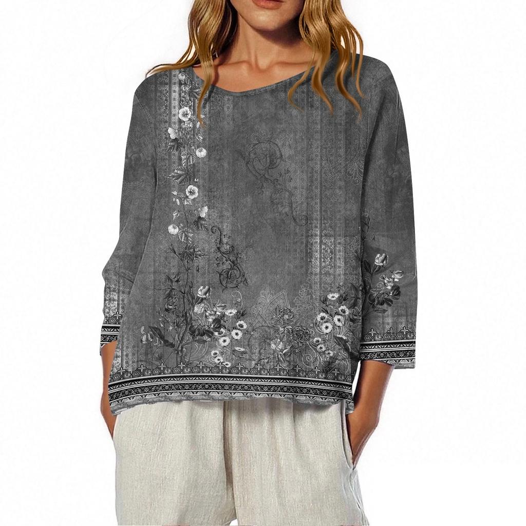 Dam O-ringad 3/4-ärmad tryckt topp T-shirt