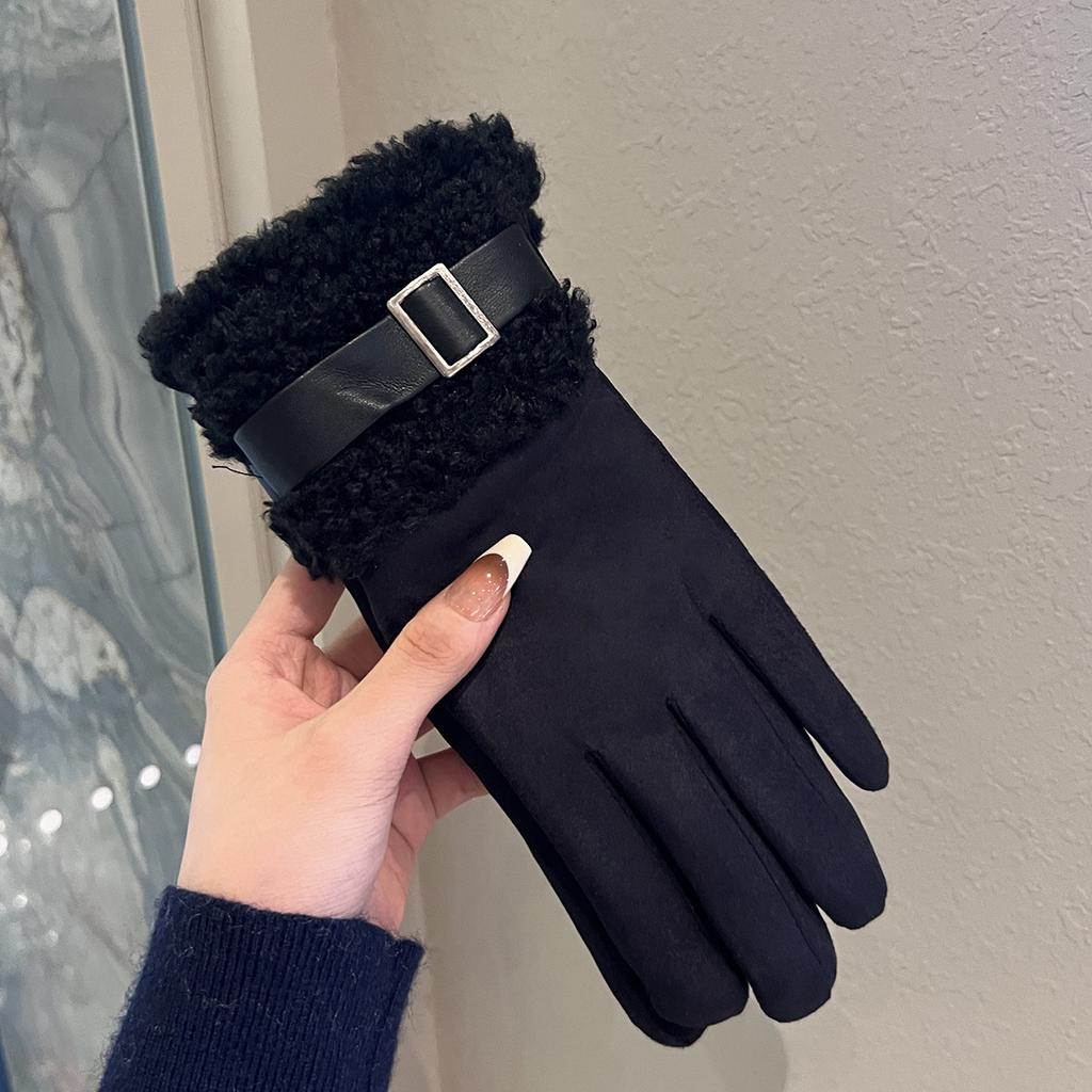 Plush Thickened Warm Gloves for Women In Winter Outdoor Cycling Windproof and Cold Proof  Touch Screen Lamb Plush Five Finger