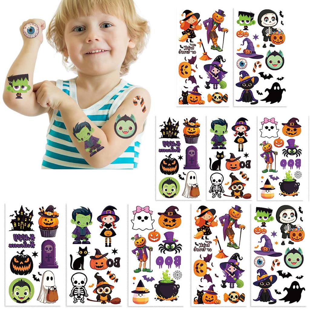 10Pcspack Halloween Tattoo Stickers Horror Lips Bat Pumpkin Candy Funny Tattoos Temporary Sticker Waterproof Gift Toy