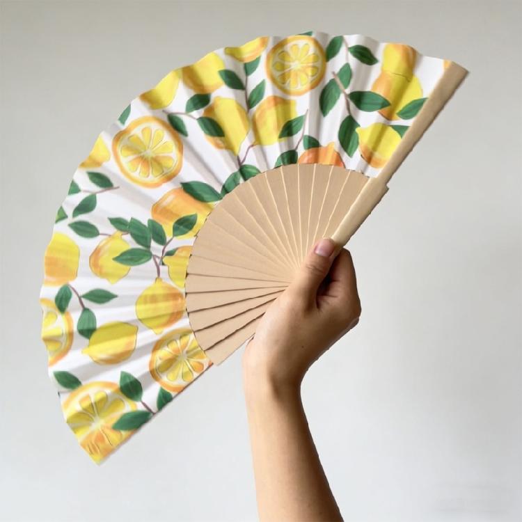 7Inch Lemon Cherries Pattern Wood Folding Hand Fan Portable for Dance Event and As Home Art Decoration Spanish Design
