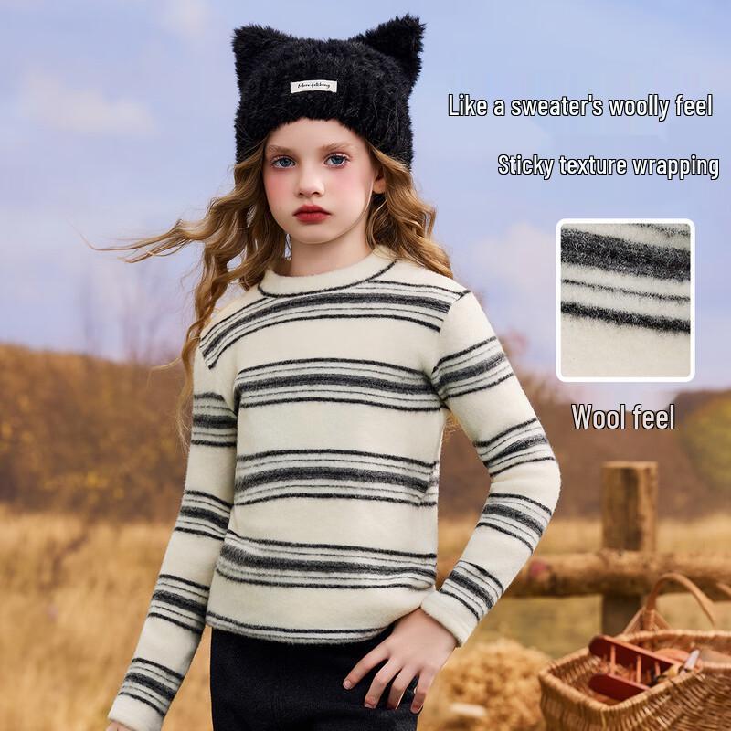 

ASK JUNIOR Girls Half-High Collar De Velvet Thermal Long-Sleeve T-Shirt with Color-Block Stripes 170