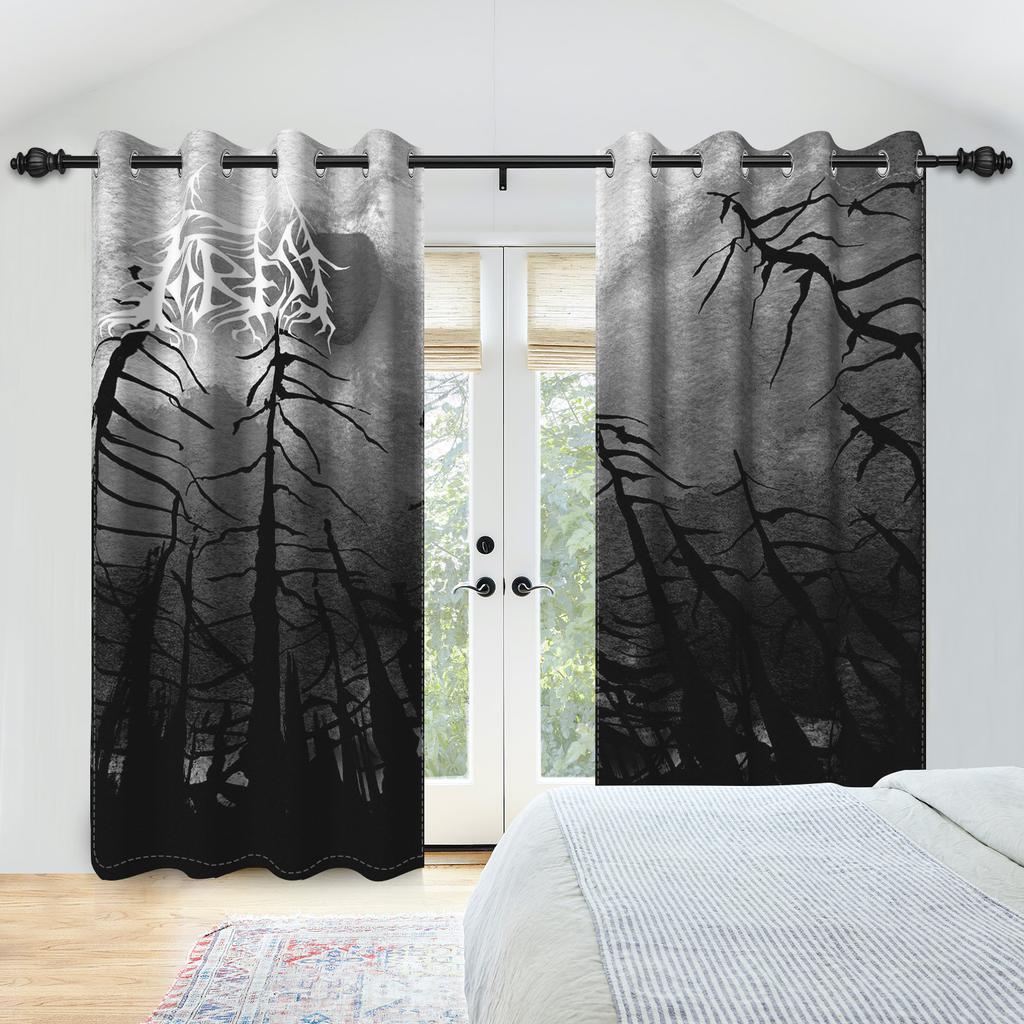 2pcs/set Horror Halloween Window Curtain Full Moon Night Tomb Iron Gate Back Room Home Bedroom Decor Blackout Polyester Curtains