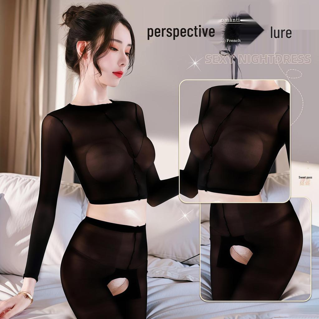 Allure Bodysuit Set: Fishnet Stockings & Open Crotch, Versatile Uniform Style for Mature Women, Plus Size, Black