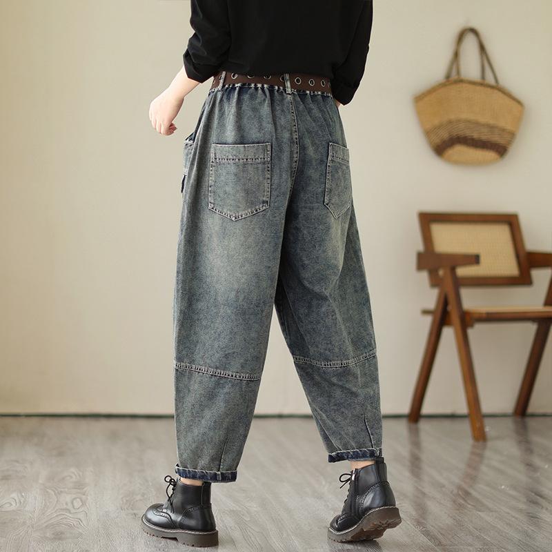Three-dimensional Pockets Loose and Thin Retro Denim Harem Pants Women's Spring and Autumn Fashion Casual Elastic Waist Tooling Style Pants