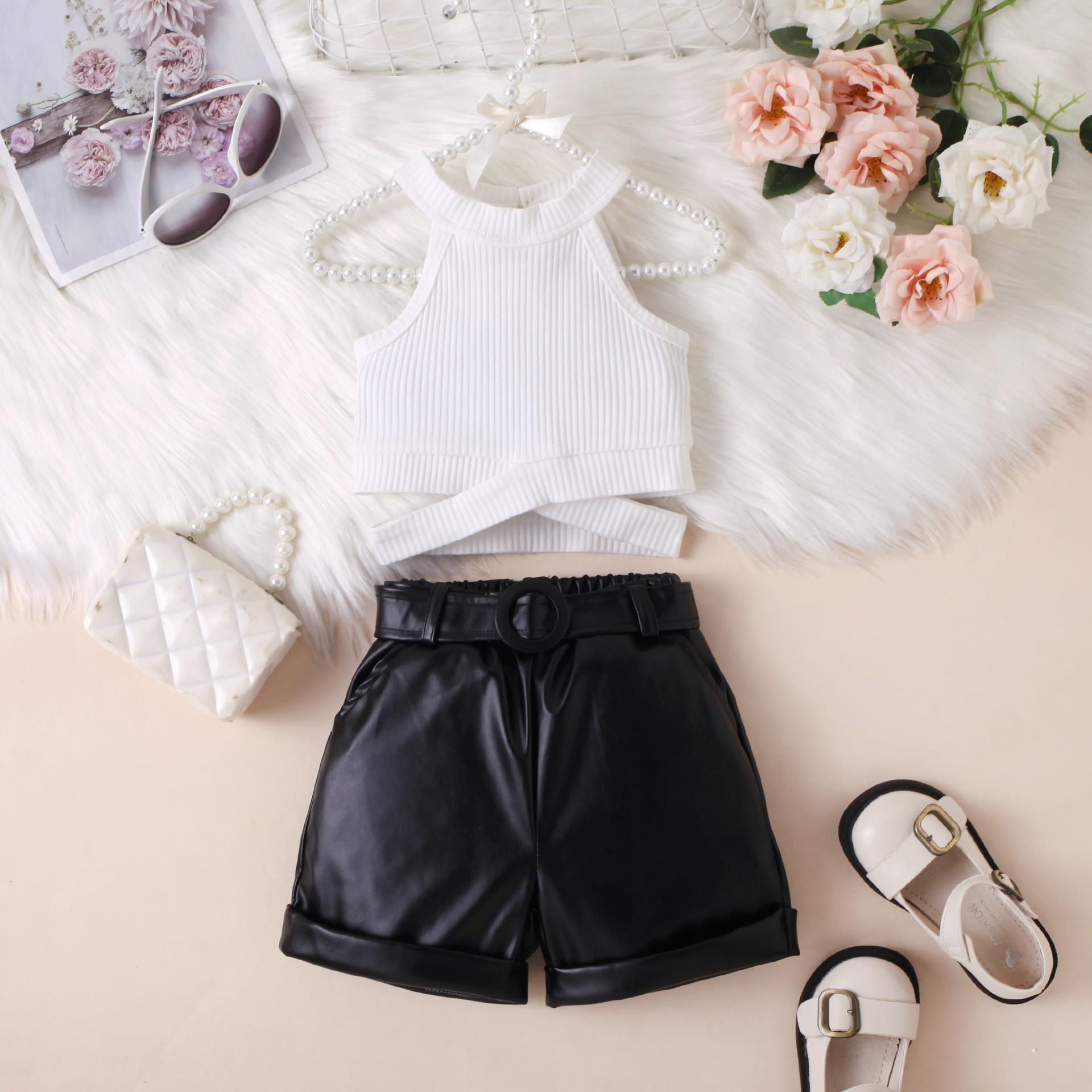 

Модный комплект для девочек, летний детский повседневный топ без рукавов с халтернеком, кожаный пояс, комплект из трех предметов 110cm белый