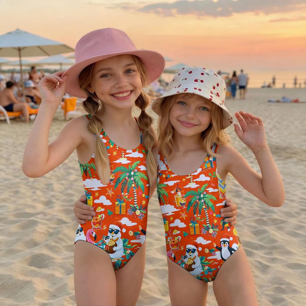 Girls One Piece Swimsuit Palm Tree Print Summer Beach Swimwear Lightweight Quick Dry Bathing Suit for Kids