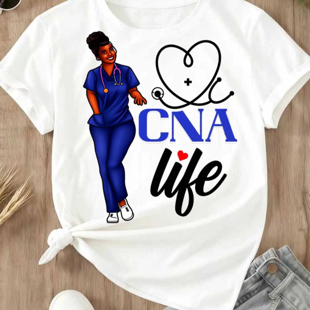 Cna Life Nurse with Stethoscope Heart Design T Shirt Women Casual Short Sleeve Top White