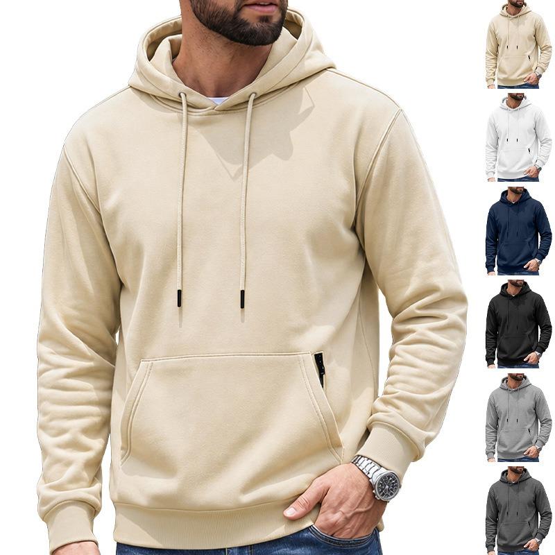 Men's Full-Zip Hoodie, Solid Color Drawstring Hooded Sweatshirt, Athletic Casual Top for Men