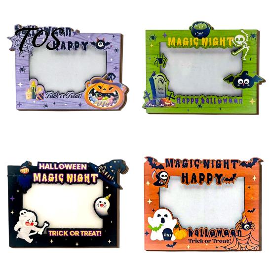 Indoor Festival Decorations Halloween Wooden Photo Frame, Double Layer Wood Tabletop Picture Holder, Holiday Table Creative Display Stand for