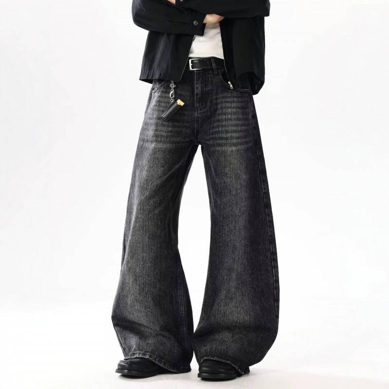 Mens Womens Washed Distressed Slub Denim Straight Leg Jeans Casual Loose Fit Wide Pants