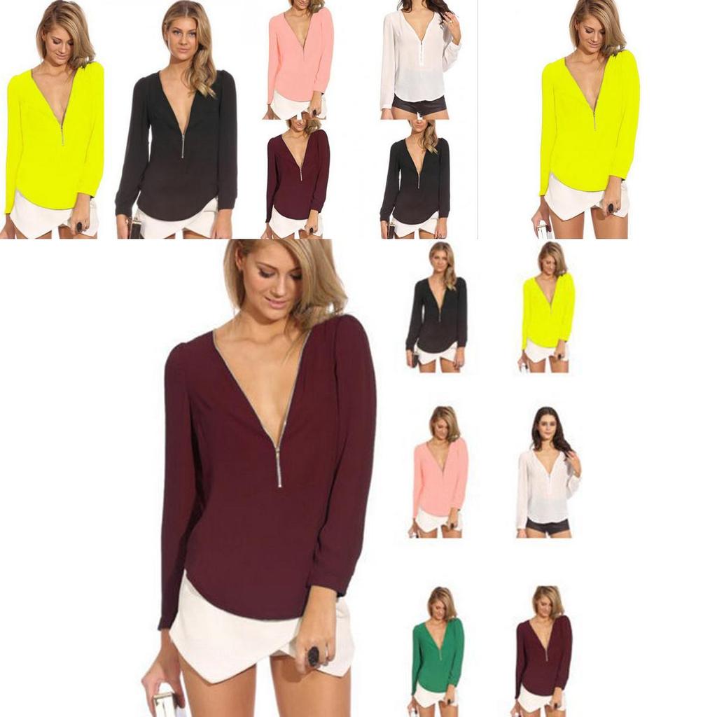 Elegant Women's Fashion Casual Autumn Blouse With V Neck And Long Sleeves Zipper Top