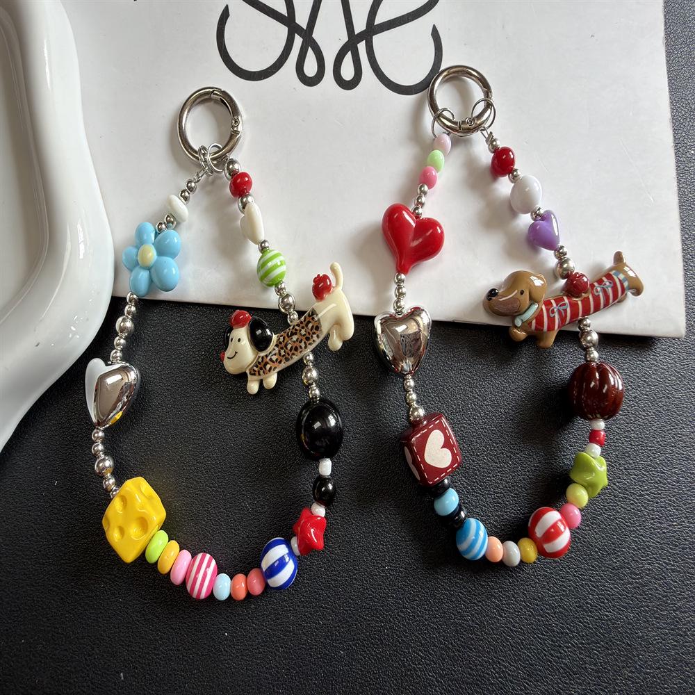 Adorable Red Striped Dog Phone Lanyard with Beaded Cheese Flower Charm