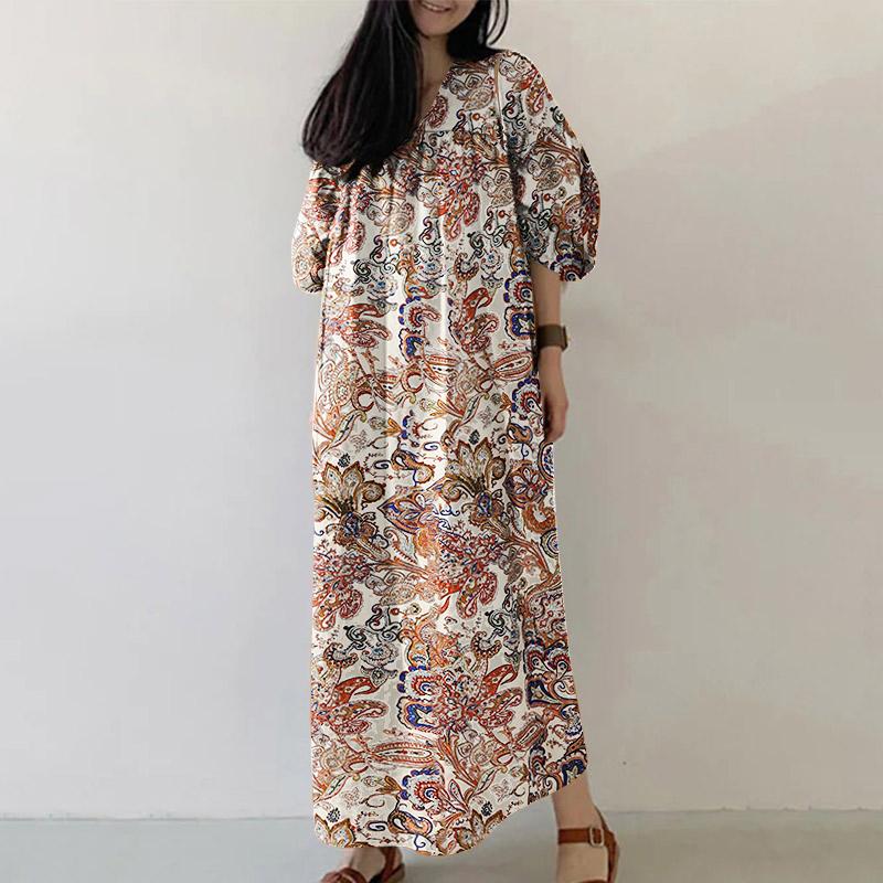 

ZANZEA Этнический принт Женское повседневное платье с V-образным вырезом и рукавами 3/4 свободного кроя 5XL абрикосовый