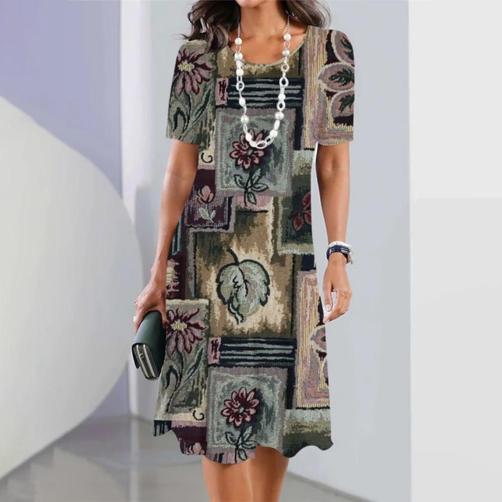 Letnia Sukienka Damska Trapezowa z Krótkim Rękawem Damska Klasyczna Retro Nadruk Casual Dekolt Okrągły Pulower Luźna Sukienka