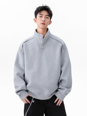 Men's Heavyweight 400g Cotton Stand Collar Hoodie - Autumn High Street Loose-Fit, Versatile Casual Half-Button Design