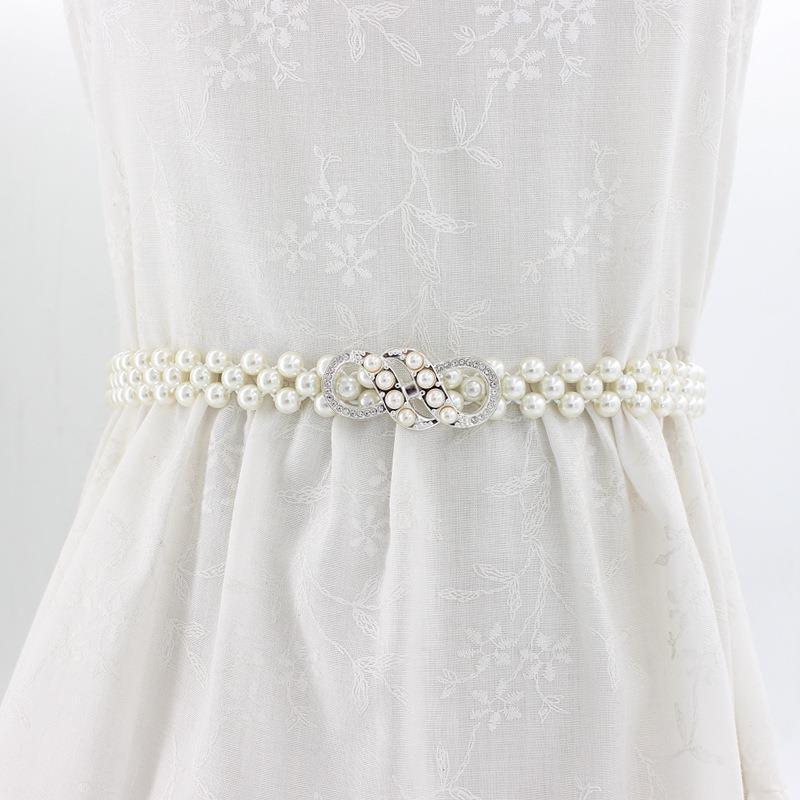 Korean Version of Women's Rhinestone Pearl Waist Chain Fashion Dress Decorative Elastic Waist Belt Women's Sweet Flower Elastic Waist Seal