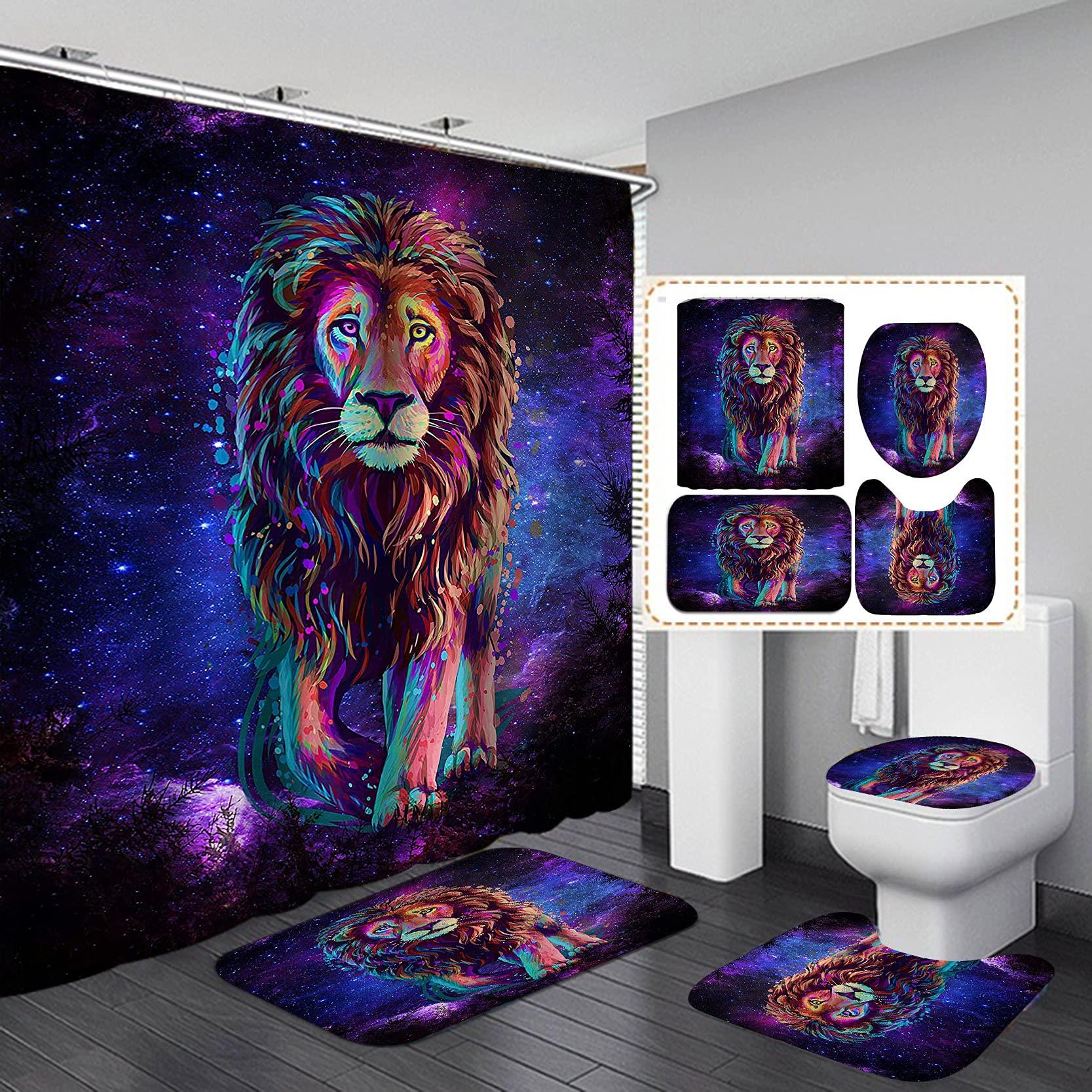 

Lion Black Shower Curtain Bathroom Set Waterproof Polyester Bath Curtains Pedestal Anti-Slip Carpet Toilet Lid Cover Floor Mats W60H190(CM)-1 Pcs