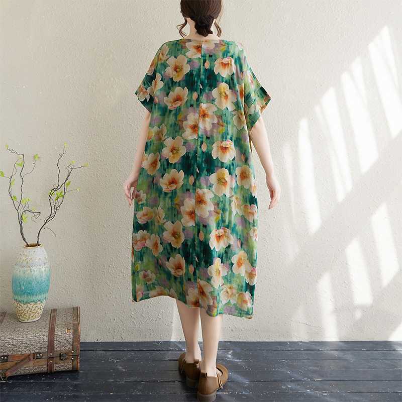 Women's Thin Cotton and Linen Loose Short Sleeved Dress with Retro Temperament Fairy Skirt
