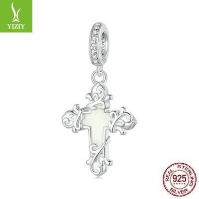 Leuchtendes Kreuz DIY Anhänger Zubehör, Glaube Retro Muster S925 Sterlingsilber Perlen