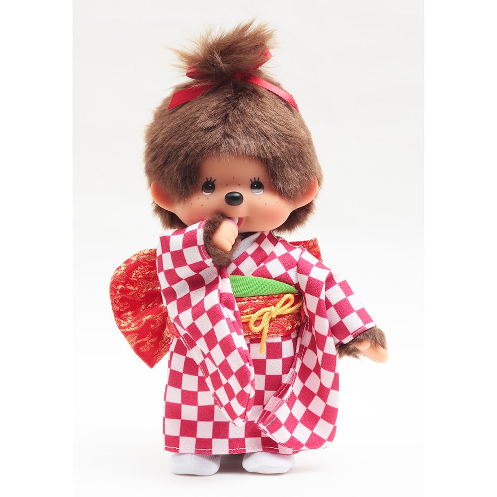 Kyugetsu Official Original Monchhichi Doll in Kimono, Girl, Checkered Pattern, Red IPM-13-Z