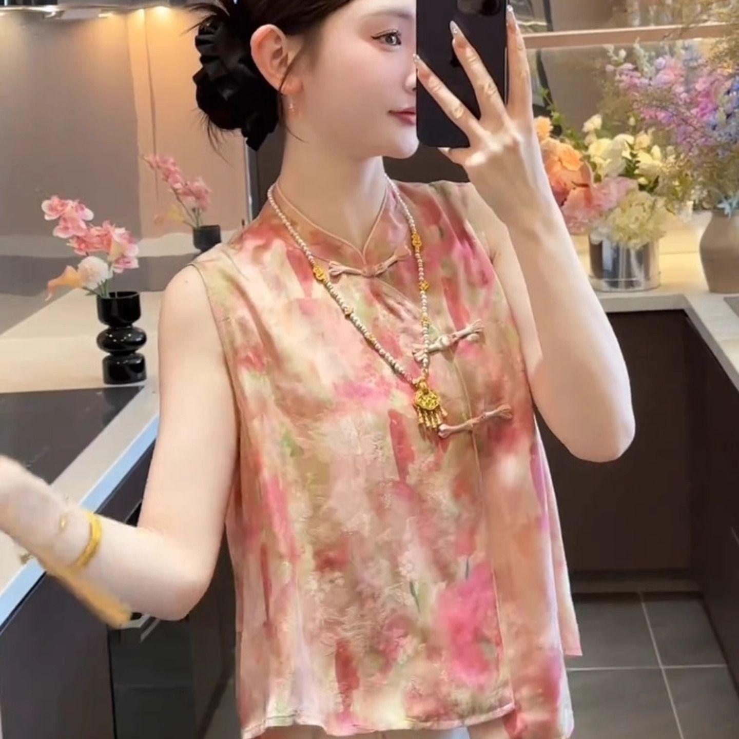

Small shirt peach smudge print button sleeveless folded vest summer fashion cheongsam shirt M [Recommended below 50kg]