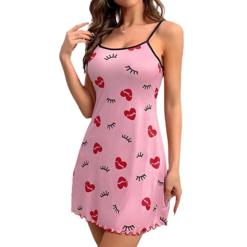 Women's Sleepwear Butterfly Print Lettuce Trim Nightdress Casual Round Neck Backless Mini Slip Dress Soft Comfortable Nightwear