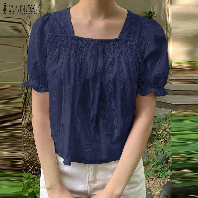 

ZANZEA женская летняя плиссированная однотонная свободная блузка с квадратным вырезом и короткими рукавами