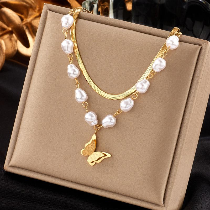 Gold Double-layer Herringbone Chain Pearl Butterfly Necklace золотой