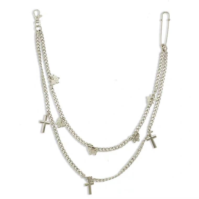 Cross Waist Chain Keychain Metal Punk Two Layer Butterfly Cross Necklace