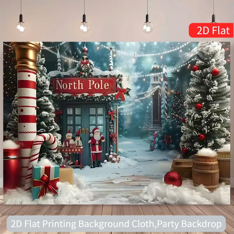 2D flat drawing of the winter wonderland of the Arctic Christmas Village background - made of polyester materialzyc